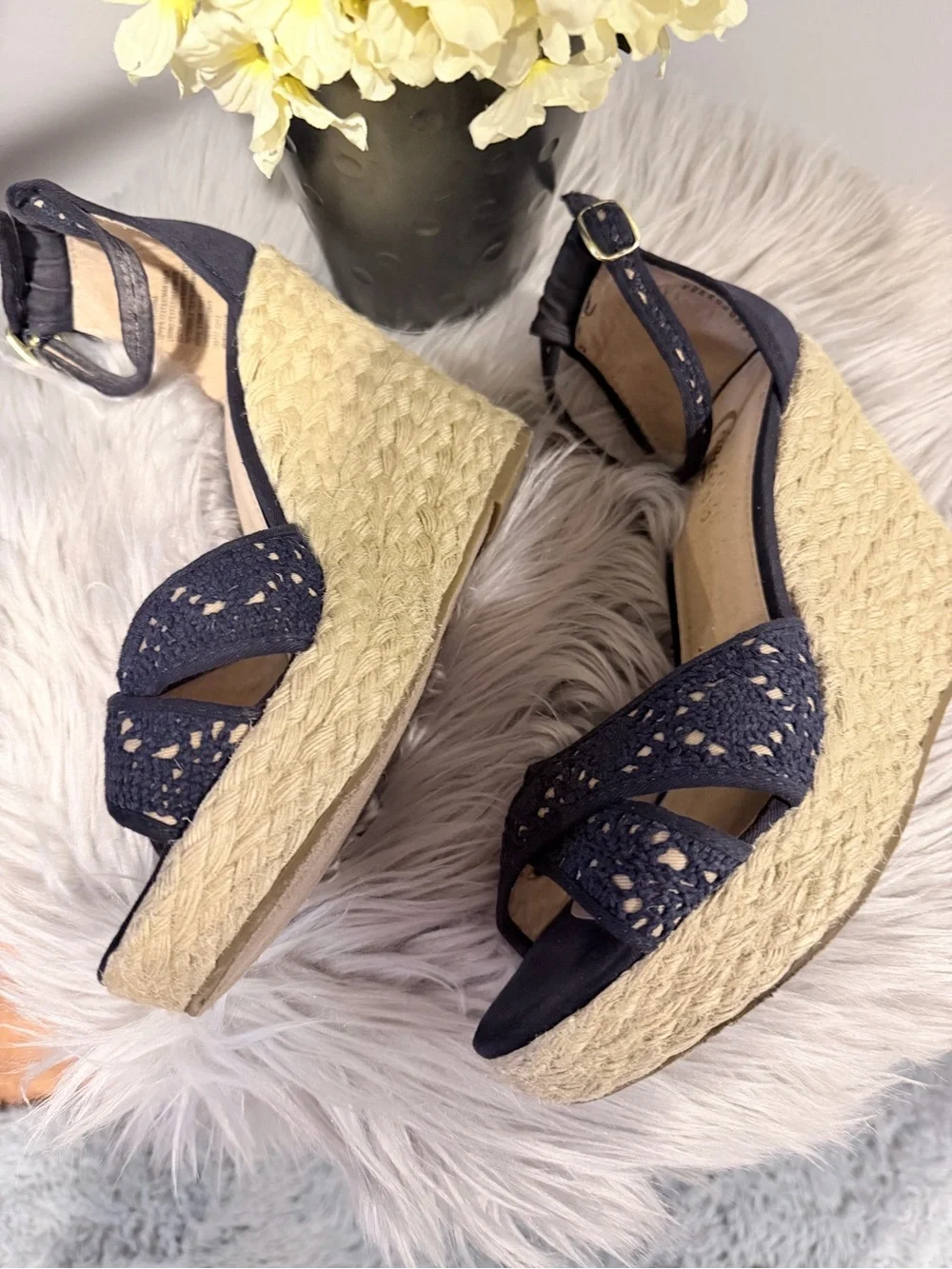 Candie's Navy Espadrille Wedge Sandals with Ankle Strap